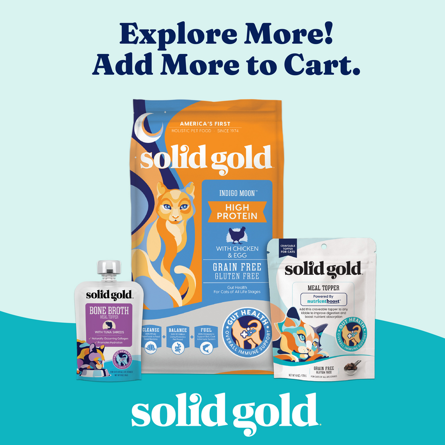 Variety pack of cat food products including high protein dry food, bone broth, and meal topper.
