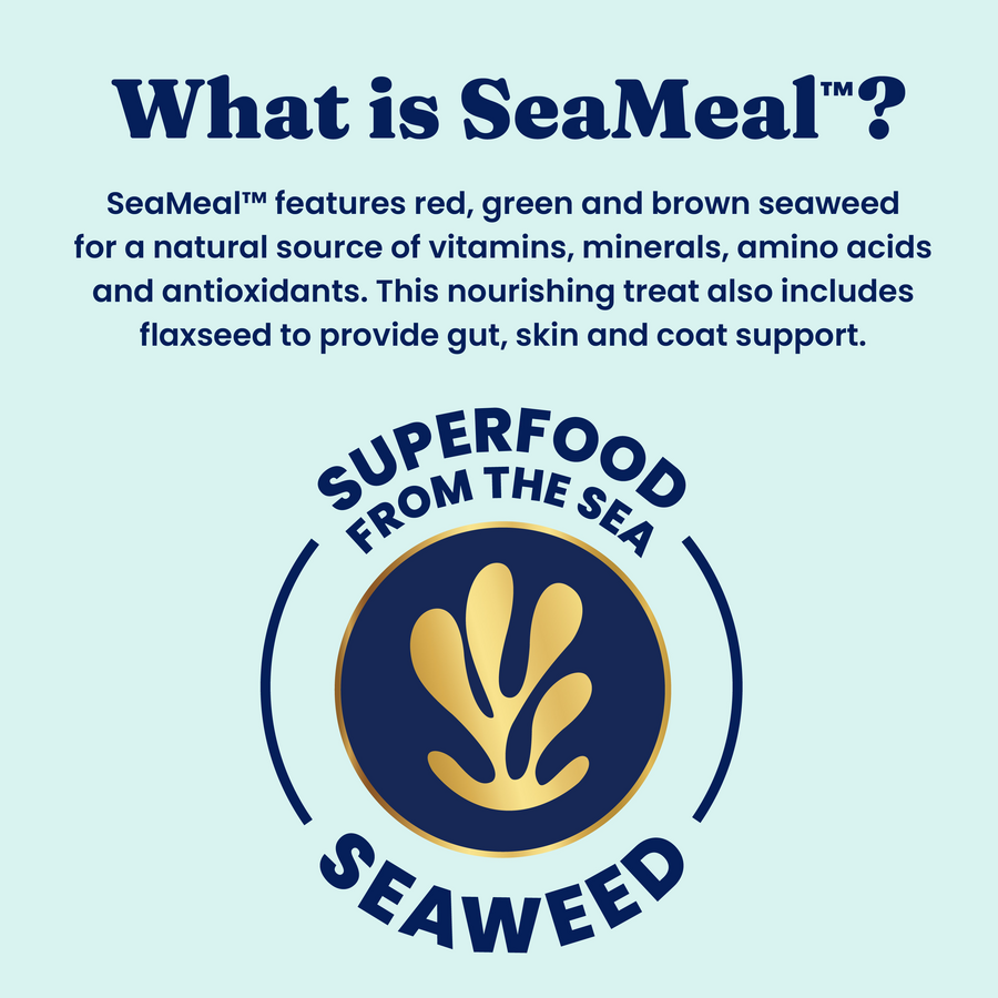 Text explaining SeaMeal™ benefits, featuring a logo with seaweed and the phrase "Superfood from the Sea."