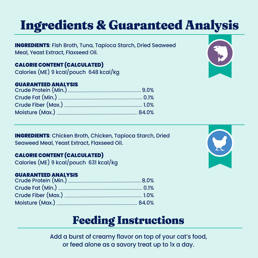 Ingredients and guaranteed analysis for SeaMeal™ Squeeze Mousse Treats, including calorie content and feeding instructions.