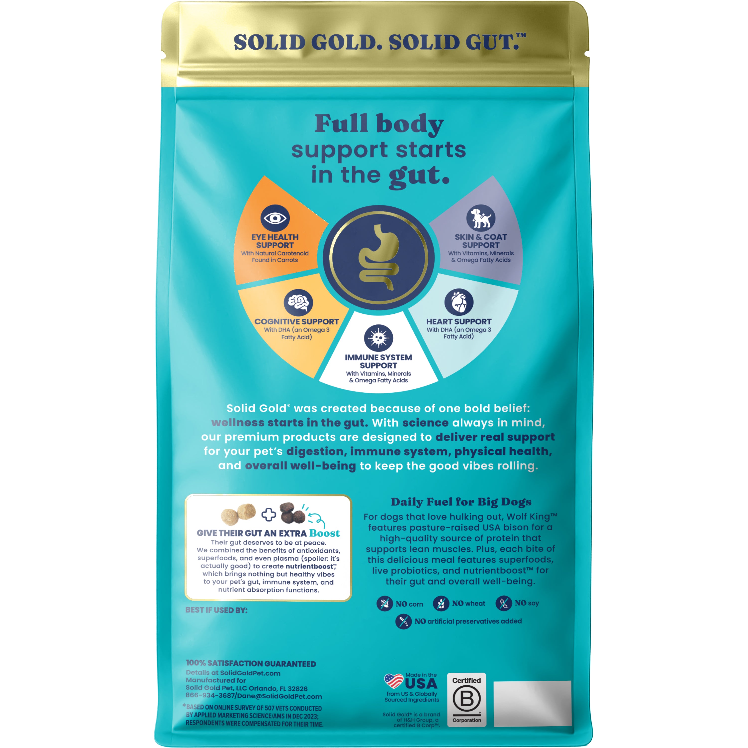 Dry dog food bag featuring nutritional benefits for large breed dogs, with emphasis on gut health and overall support.