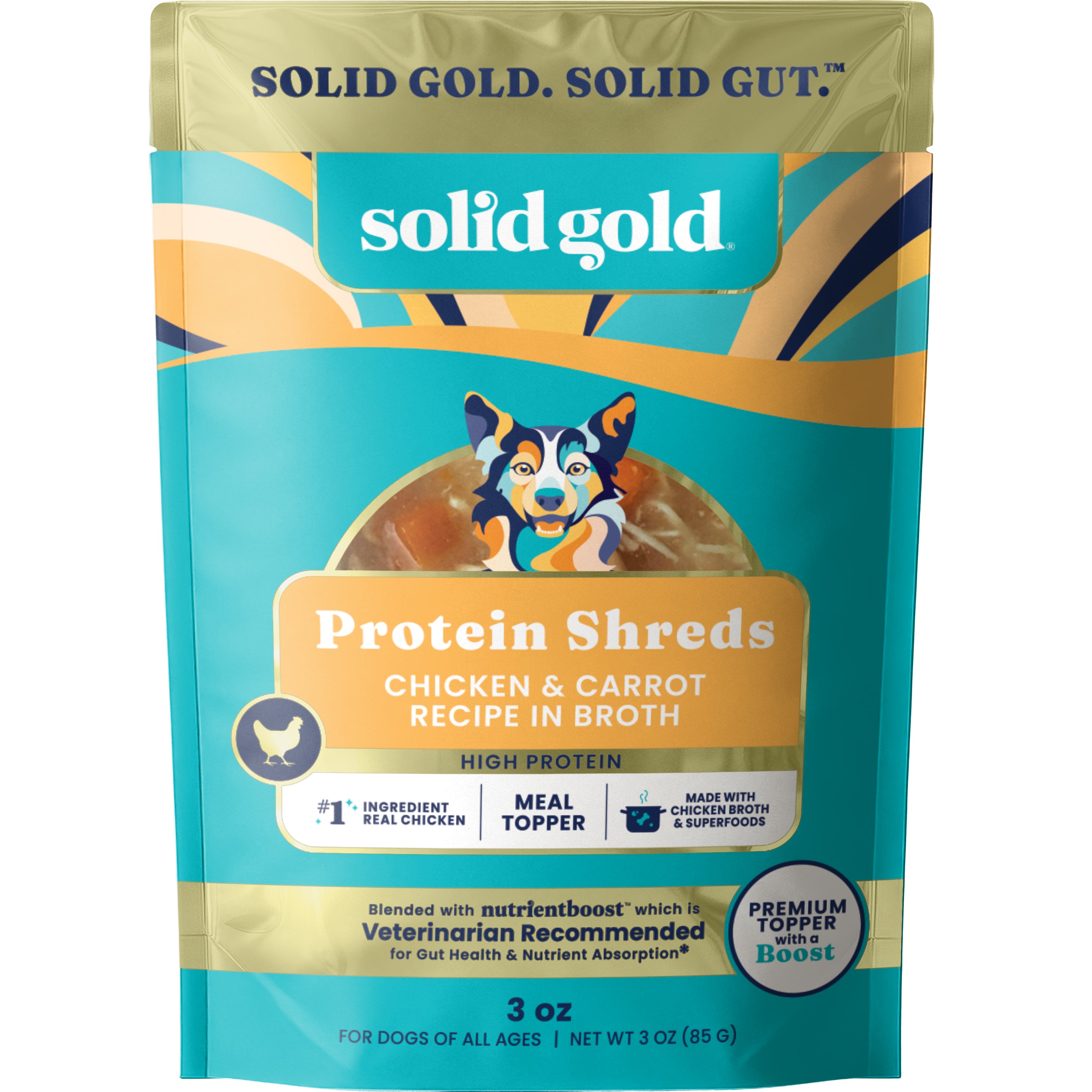 Pouch of Protein Shreds for dogs, featuring chicken and carrot recipe in broth, 3 oz size.