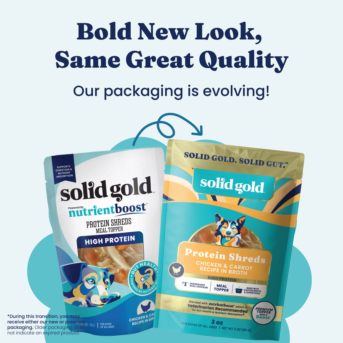 Two dog meal topper packages side by side, one labeled "Nutrientboost" and the other "Protein Shreds," with a blue background