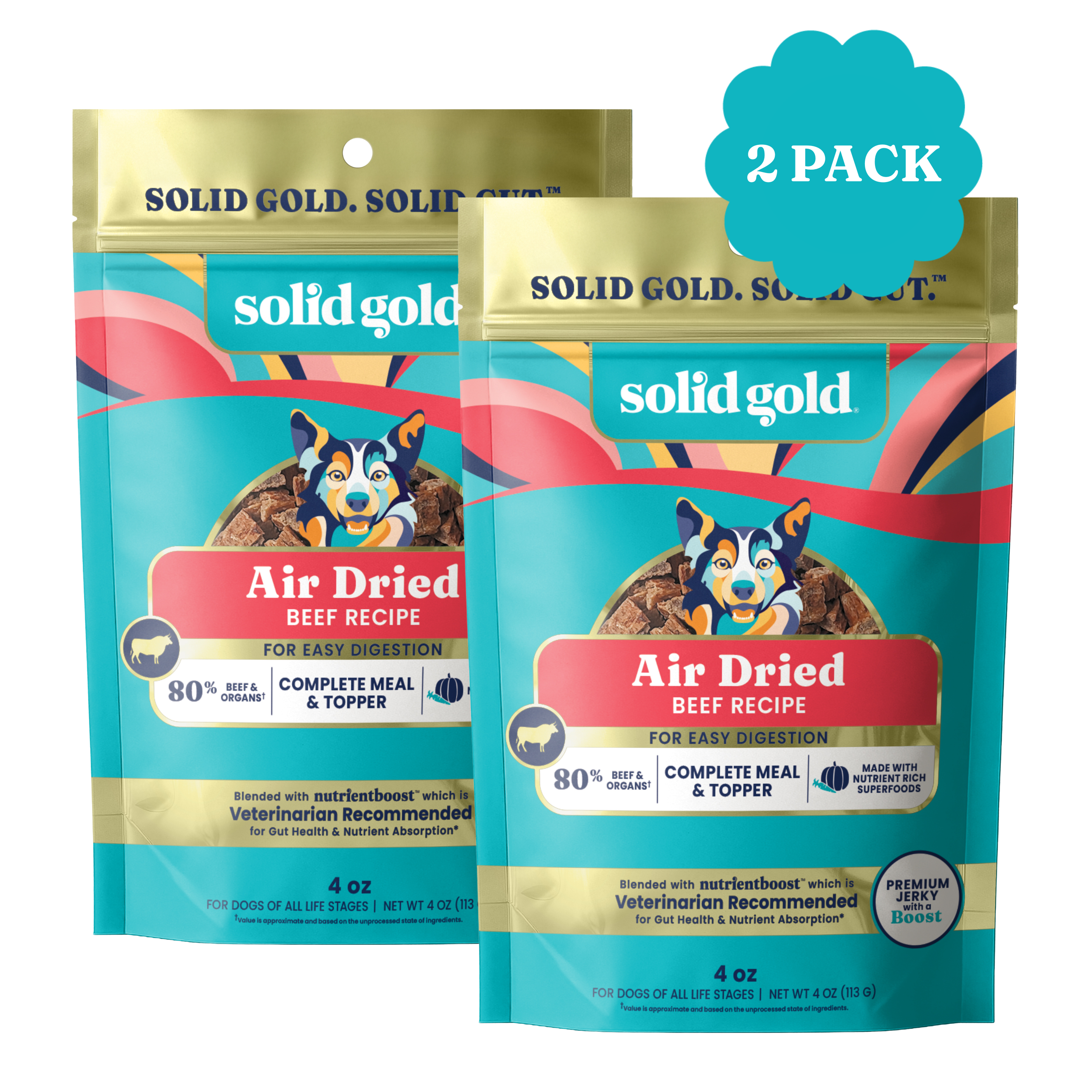 Two bags of Solid Gold Air Dried Beef Recipe for dogs, each 4 oz, labeled as complete meal and topper.