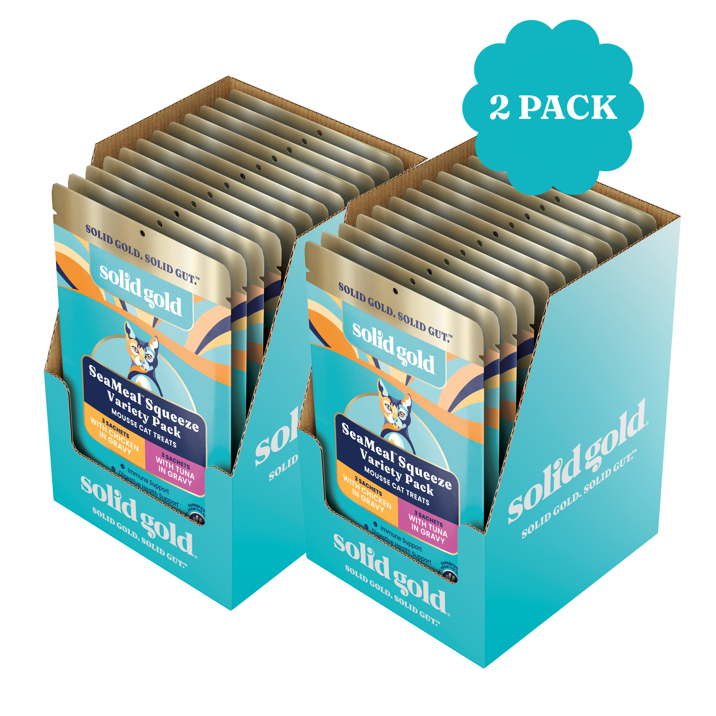 Two-pack of SeaMeal Squeeze Mousse Treats for cats, featuring various flavors in pouches.