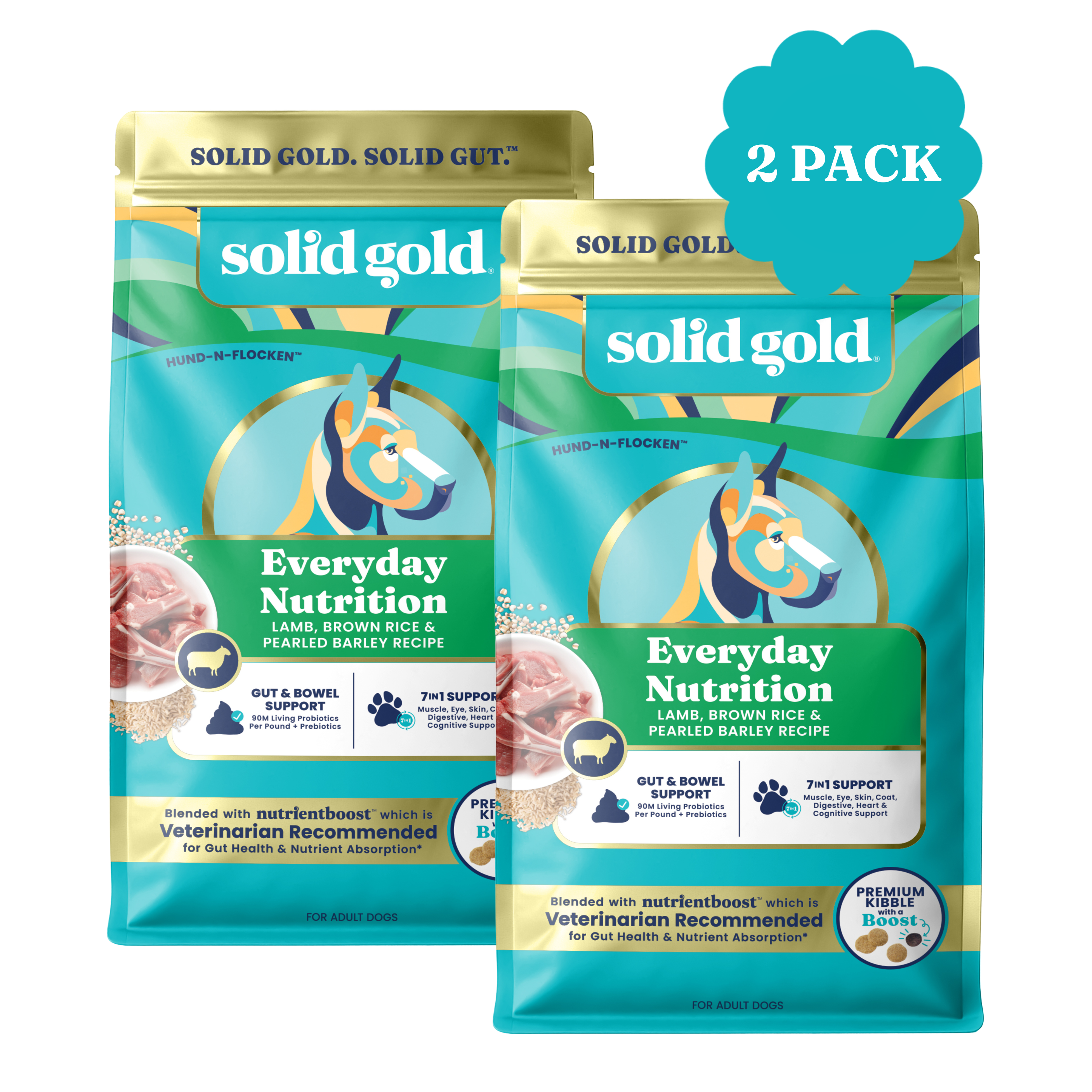 Two bags of Solid Gold Hund-N-Flocken Lamb Dry Food for adult dogs, featuring a blue and green design.