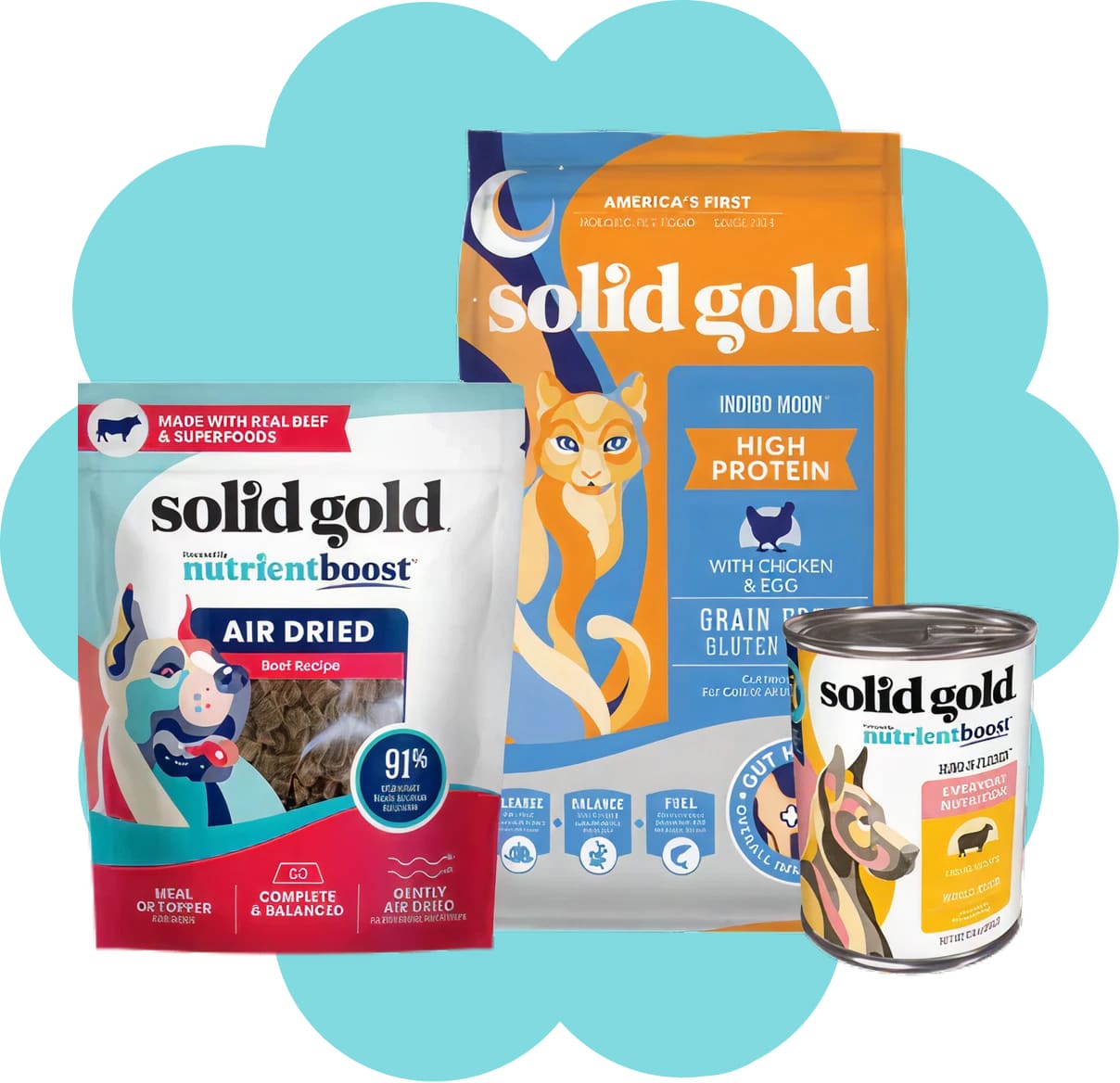 Solid Gold pet food products including a bag, can, and pouch on a light blue background