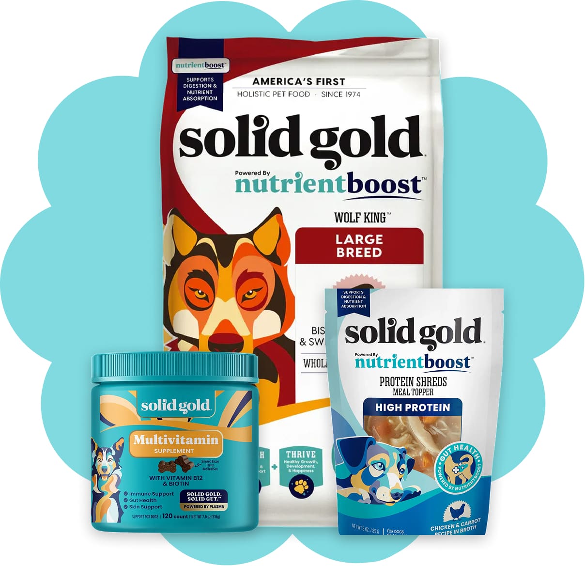 Solid Gold pet food products including a bag, multivitamin, and protein sheet on a blue background