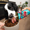 A black and white dog licks a bowl of kibble while a person squeezes a tube of wet dog food into the bowl in a home kitchen setting.