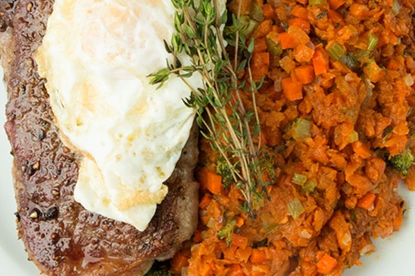 Seared New York Strip Steak with Eggs & Vegetable Hash: A Recipe Inspired by Solid Gold