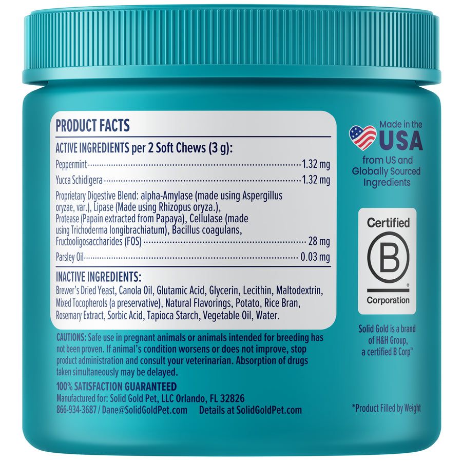 Container label with product facts, including active and inactive ingredients for stool eating deterrent soft chews for dogs.
