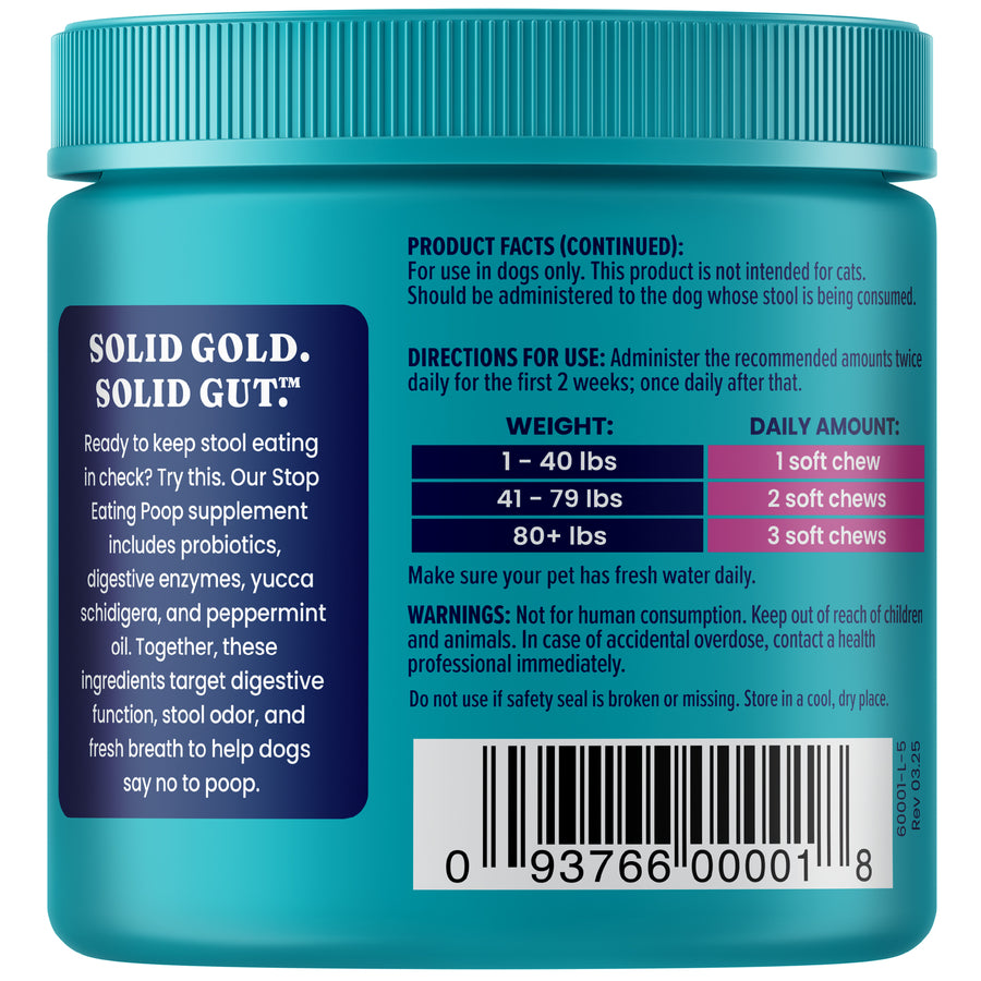 Container of soft chews for dogs, labeled with product facts, directions, and dosage based on weight.