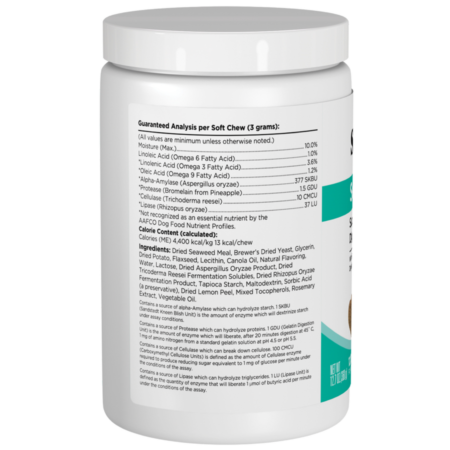 Container of SeaMeal Daily Wellness Chews for dogs, showing nutritional analysis and ingredient list on the label.