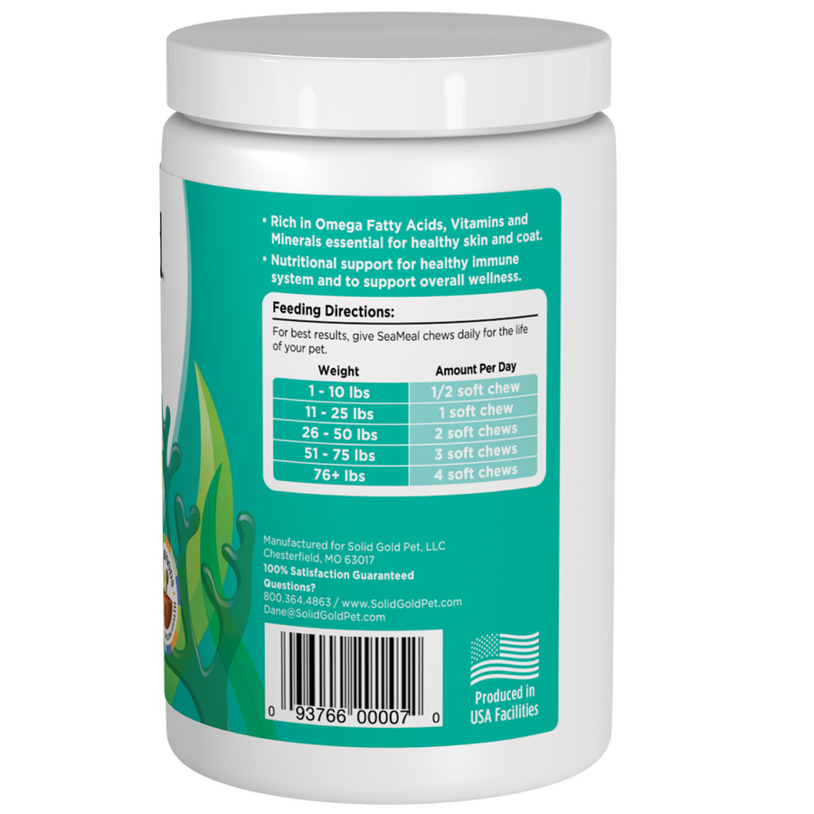 Container of SeaMeal Daily Wellness Chews for dogs with feeding directions and nutritional information on the label.