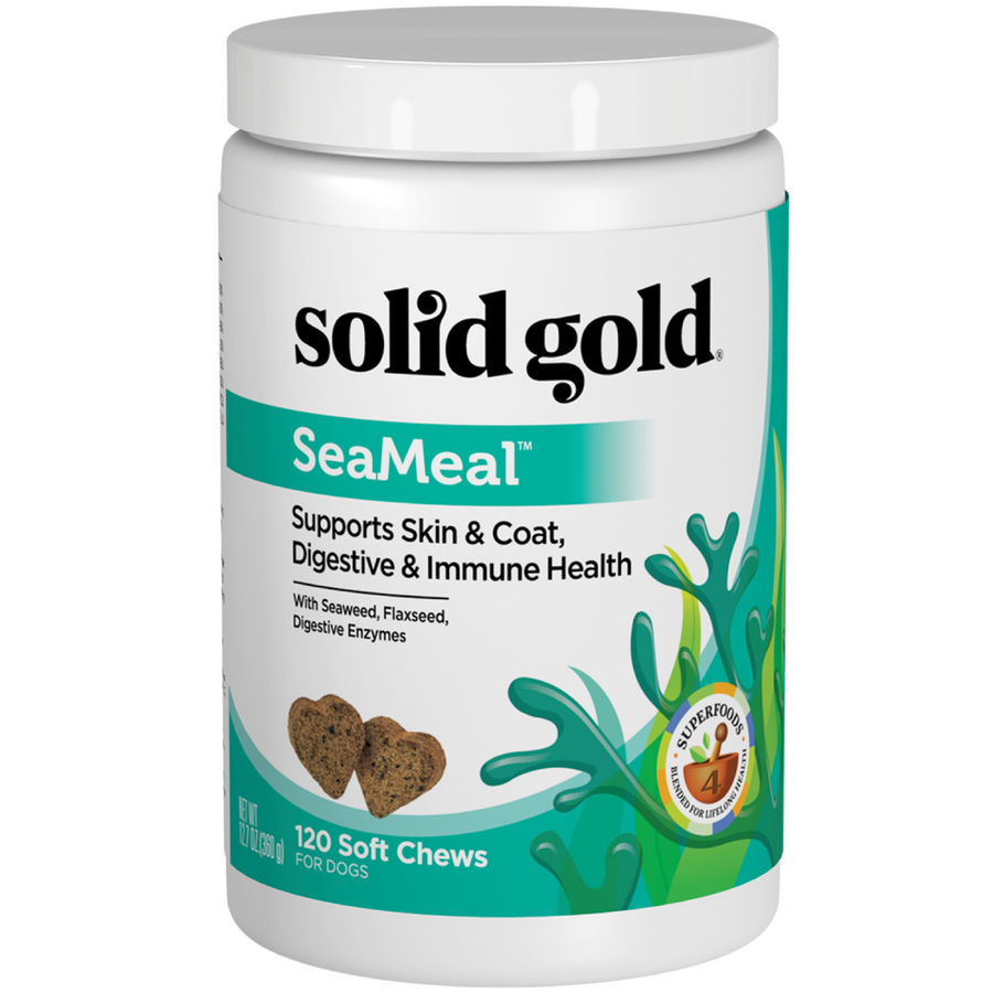 Container of SeaMeal Daily Wellness Chews for dogs, featuring 120 soft chews, with a design highlighting seaweed and flaxseed
