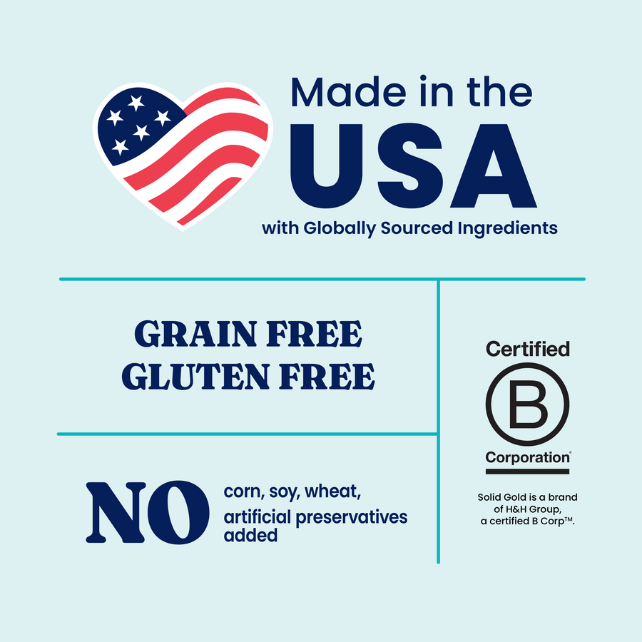 Label displaying "Made in the USA," "Grain Free," "Gluten Free," and "No corn, soy, wheat, artificial preservatives added."