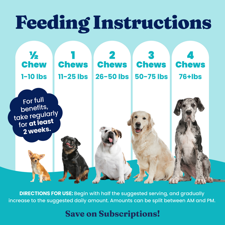 Feeding instructions for SeaMeal Daily Wellness Chews, detailing serving sizes based on dog weight categories.