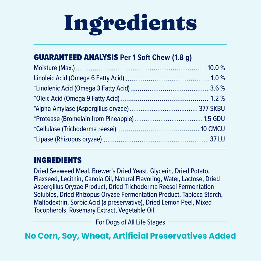 Ingredient list and guaranteed analysis for SeaMeal Daily Wellness Chews for dogs, detailing nutritional components.