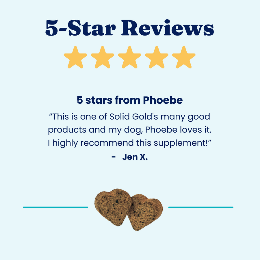 Five-star review highlighting positive feedback for SeaMeal Daily Wellness Chews for dogs, featuring heart-shaped chews.