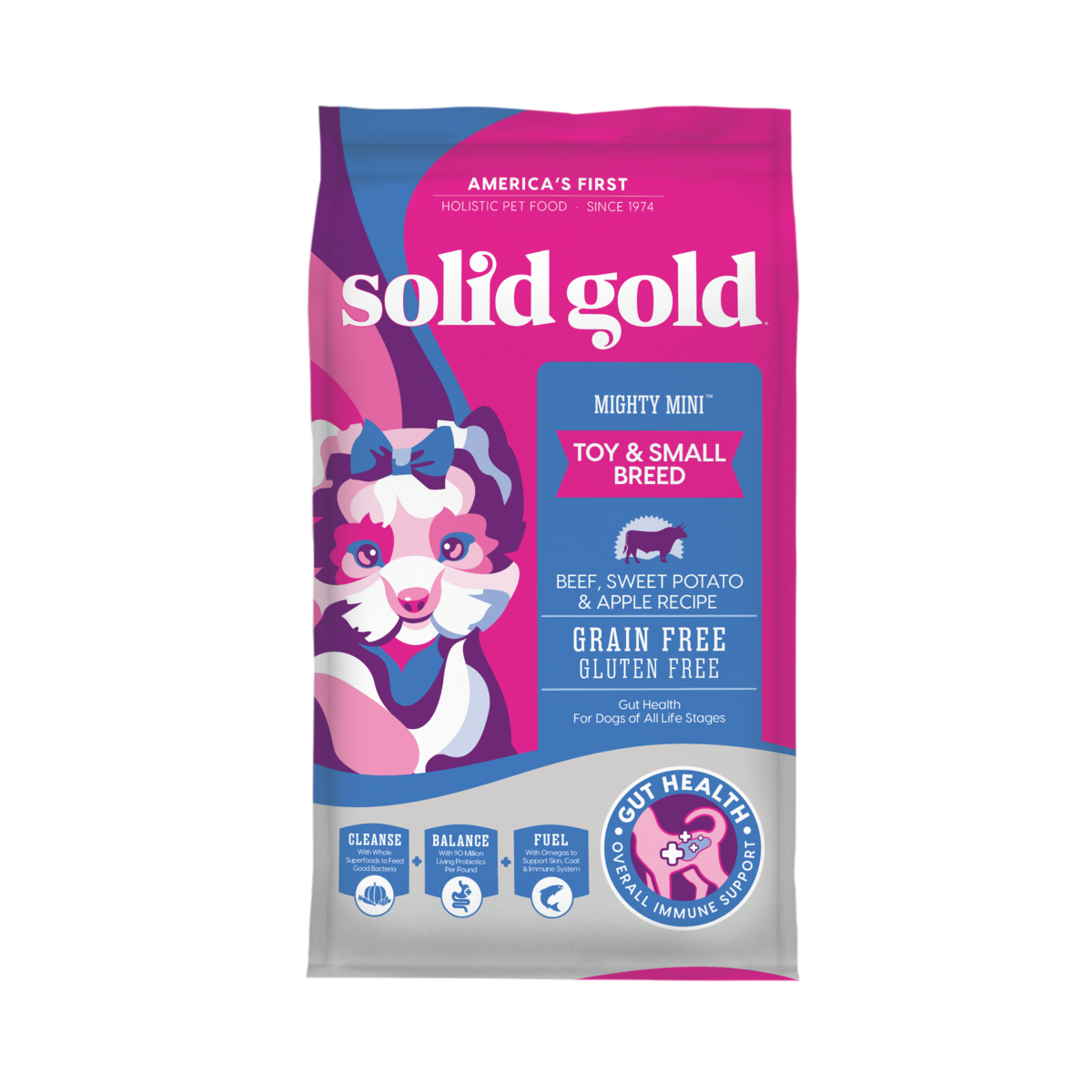 Purple and pink bag of Solid Gold Mighty Mini Beef Dry Food for toy and small dogs, featuring a cartoon dog design.