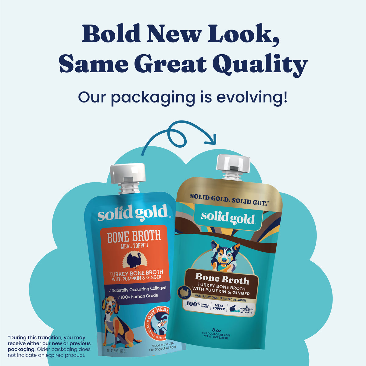 Two pouches of turkey bone broth meal topper with pumpkin and ginger, featuring updated packaging design.