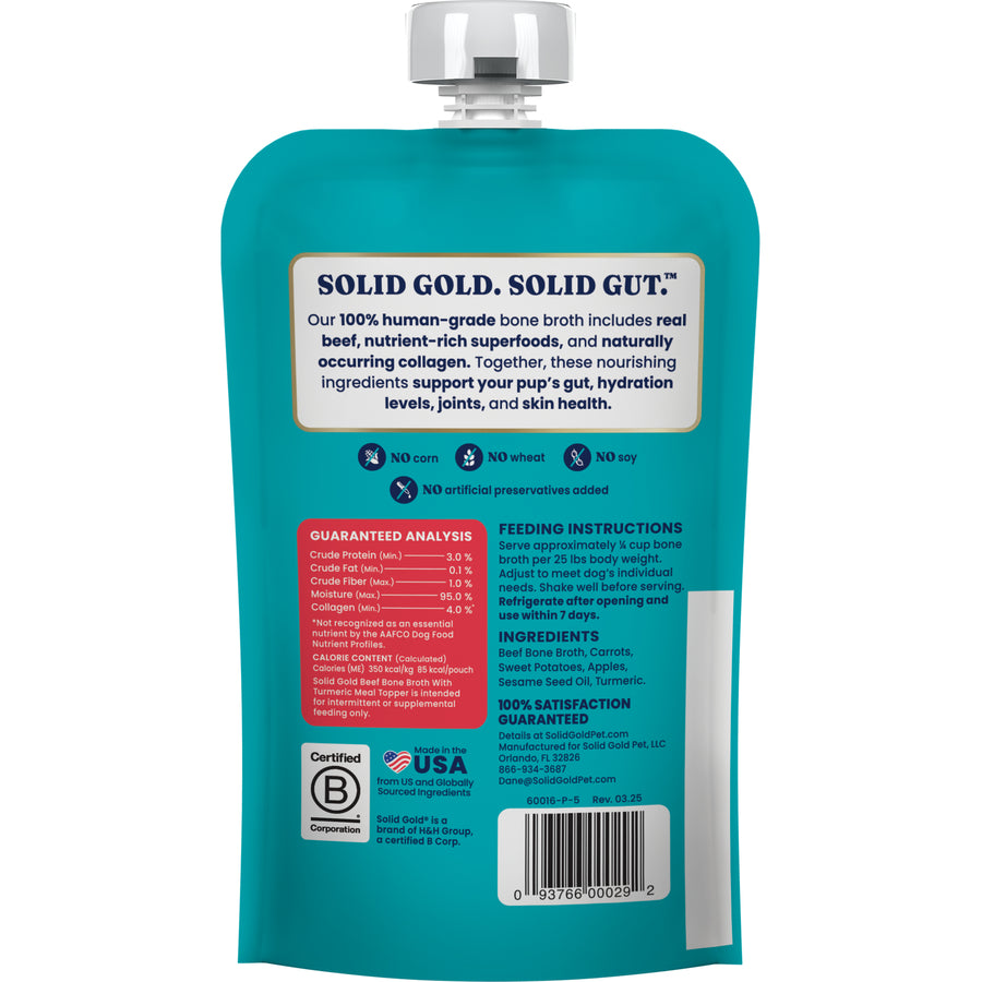 Pouch of bone broth for dogs, featuring a teal design with nutritional information and feeding instructions on the back.