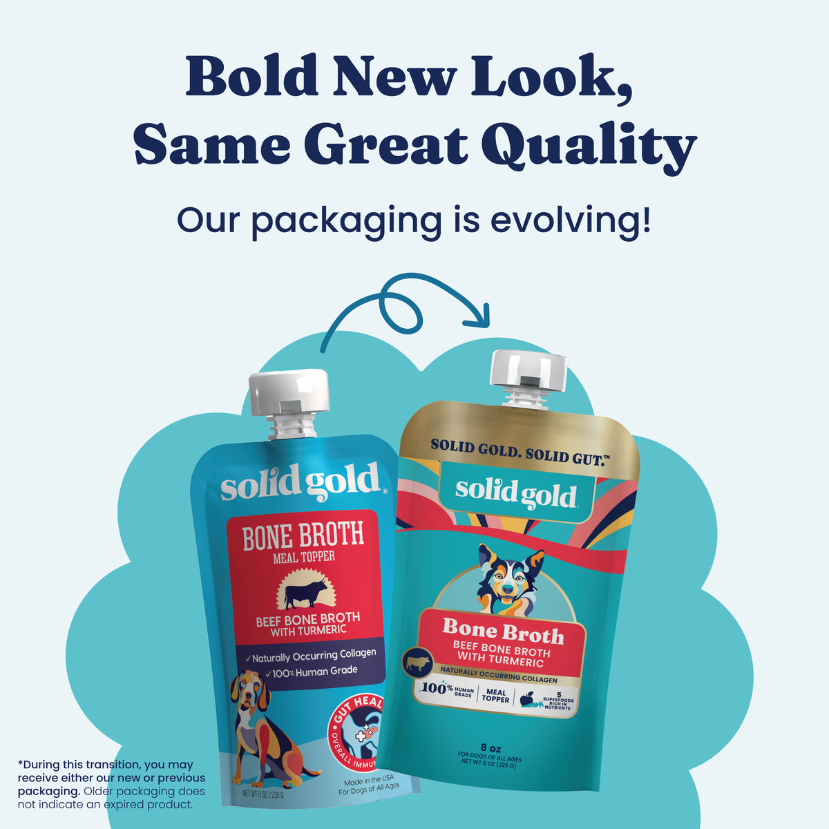Two pouches of Solid Gold Bone Broth for dogs, featuring updated packaging and a label indicating beef broth with turmeric.