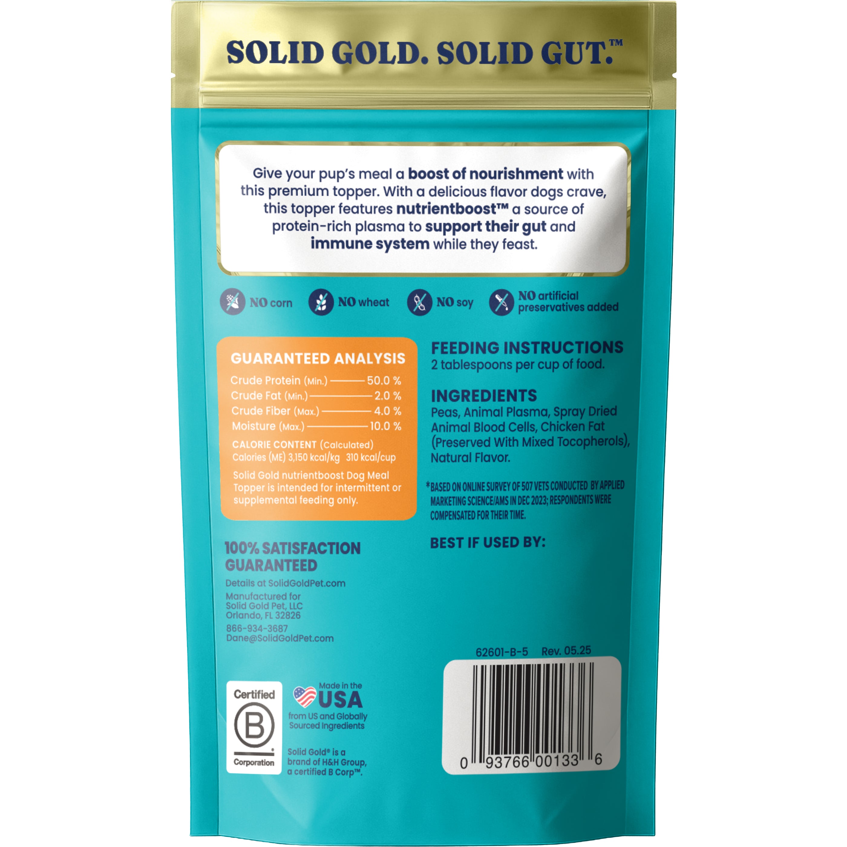 Back of a dog food topper bag displaying nutritional information, ingredients, and feeding instructions.