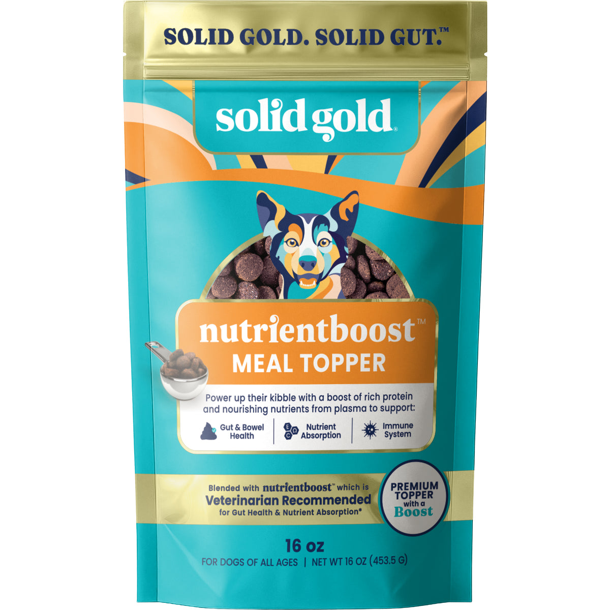 Pouch of Nutrientboost™ Meal Topper for dogs, 16 oz, featuring a colorful design and a dog graphic on the front.