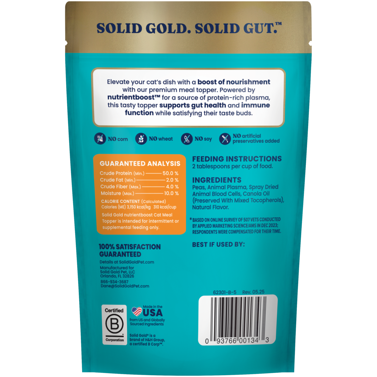 Back of a cat meal topper package displaying nutritional analysis, ingredients, feeding instructions, and certification detai