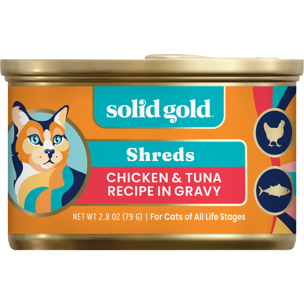 Wet cat food can featuring chicken and tuna shreds in gravy, packaged in a gold can with colorful graphics.