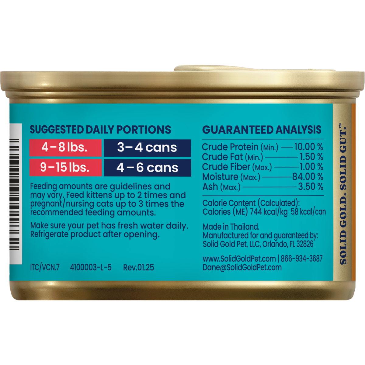 Nutritional information and feeding guidelines for Chicken & Tuna Shreds wet cat food, including daily portions and analysis.