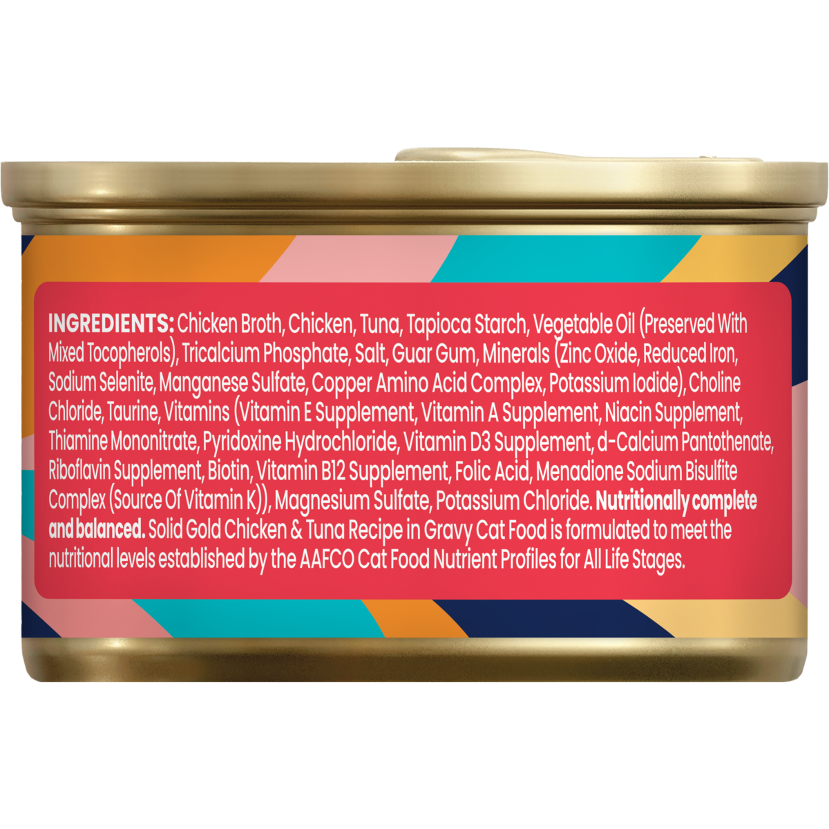 Ingredients list for Chicken & Tuna Shreds wet cat food, including chicken broth, tuna, and various vitamins and minerals.