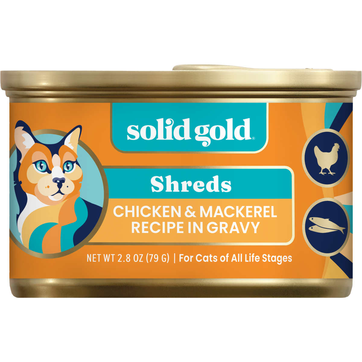 Wet cat food can featuring chicken and mackerel shreds in gravy, packaged in a gold can.