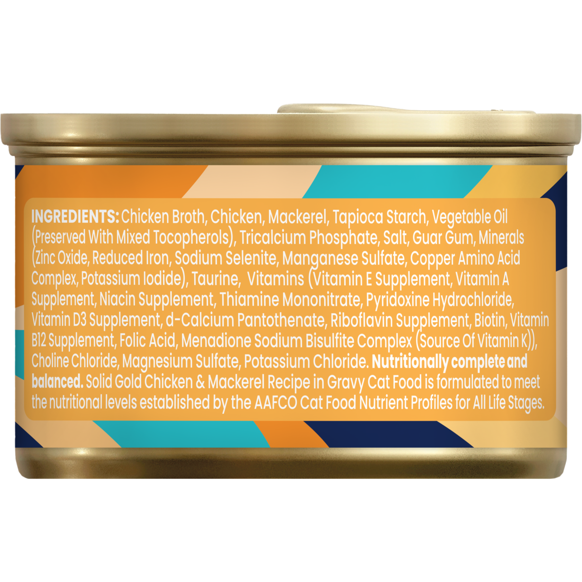 Can of wet cat food featuring ingredients list including chicken, mackerel, and various vitamins and minerals.