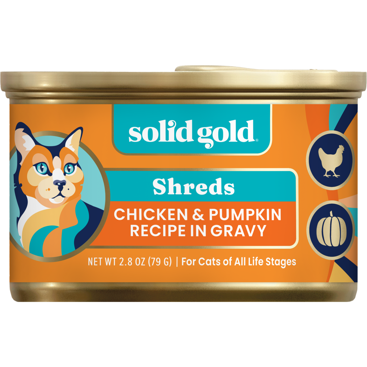 Wet cat food can with chicken and pumpkin recipe in gravy, 2.8 oz, featuring a colorful design.