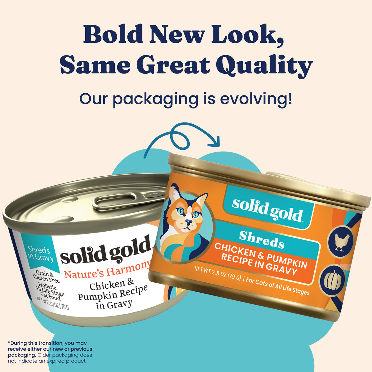 Two cans of cat food featuring chicken and pumpkin recipes in gravy, showcasing new packaging designs.