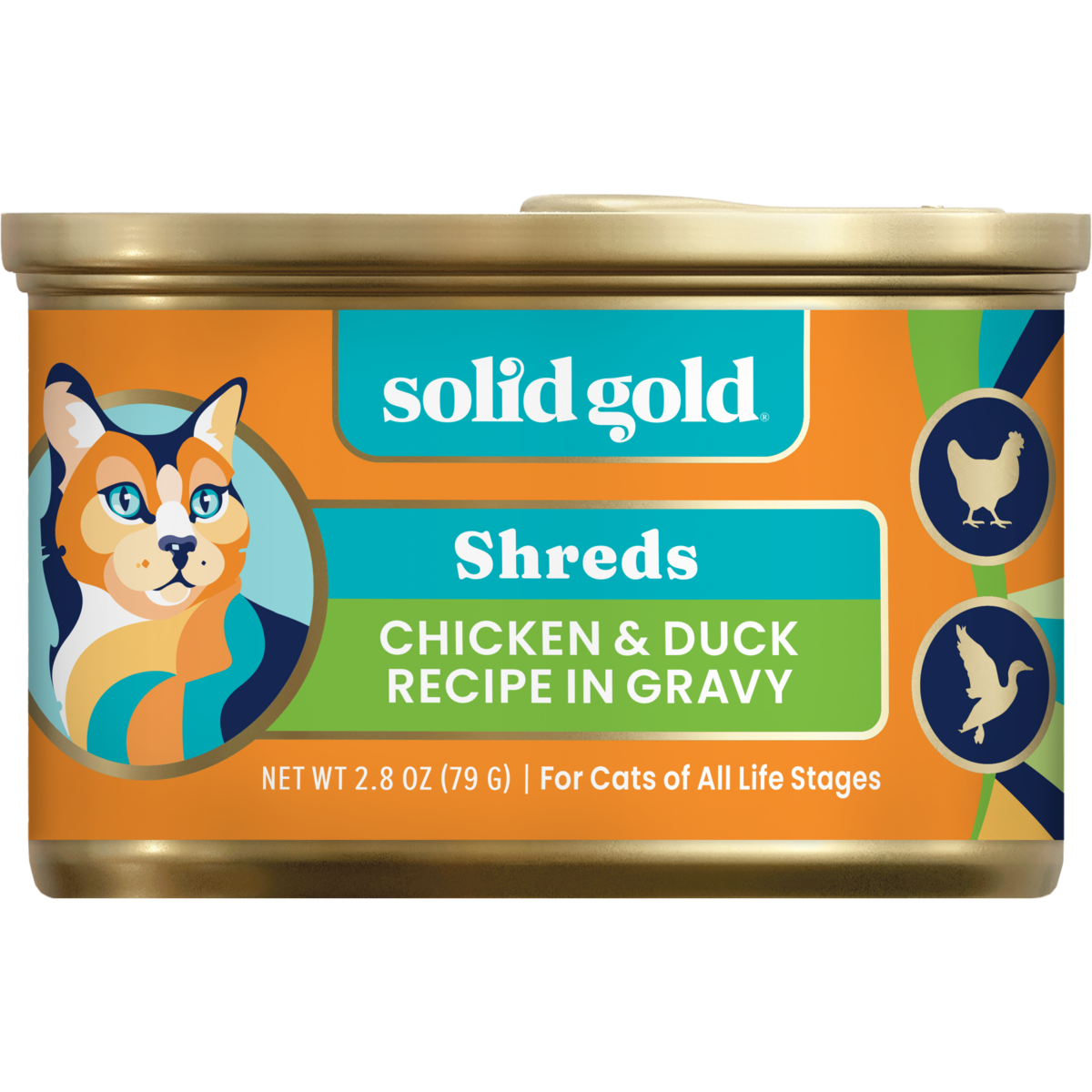 Wet cat food can featuring chicken and duck shreds in gravy, packaged in a gold can with a colorful label.