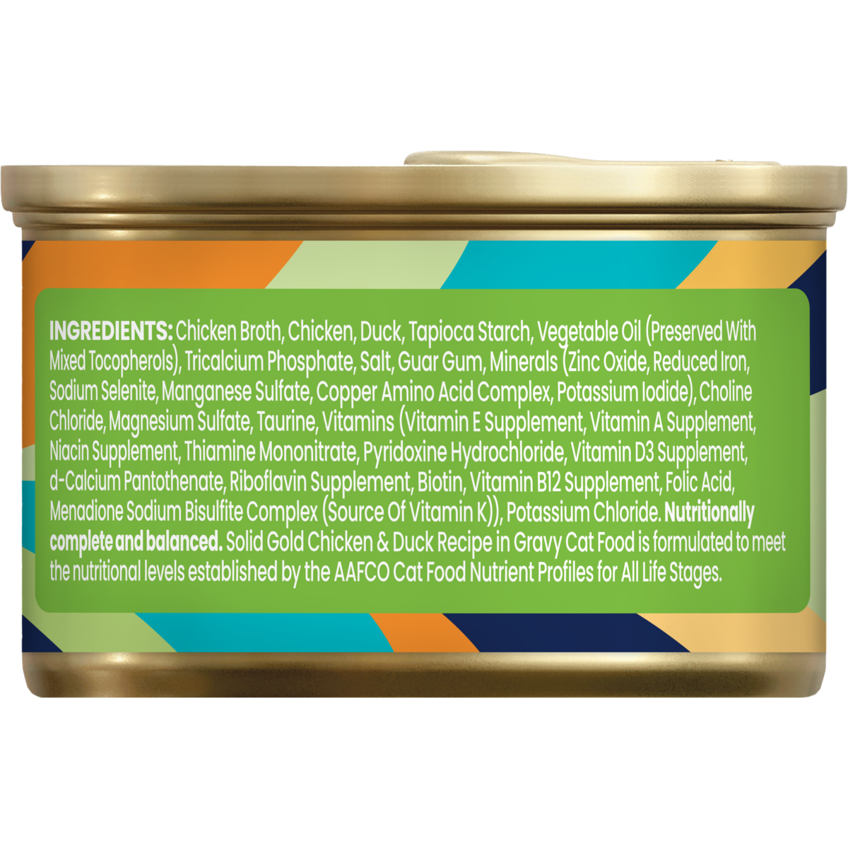 Ingredients list for Chicken & Duck Shreds wet food for cats, including chicken broth, chicken, duck, and various supplements