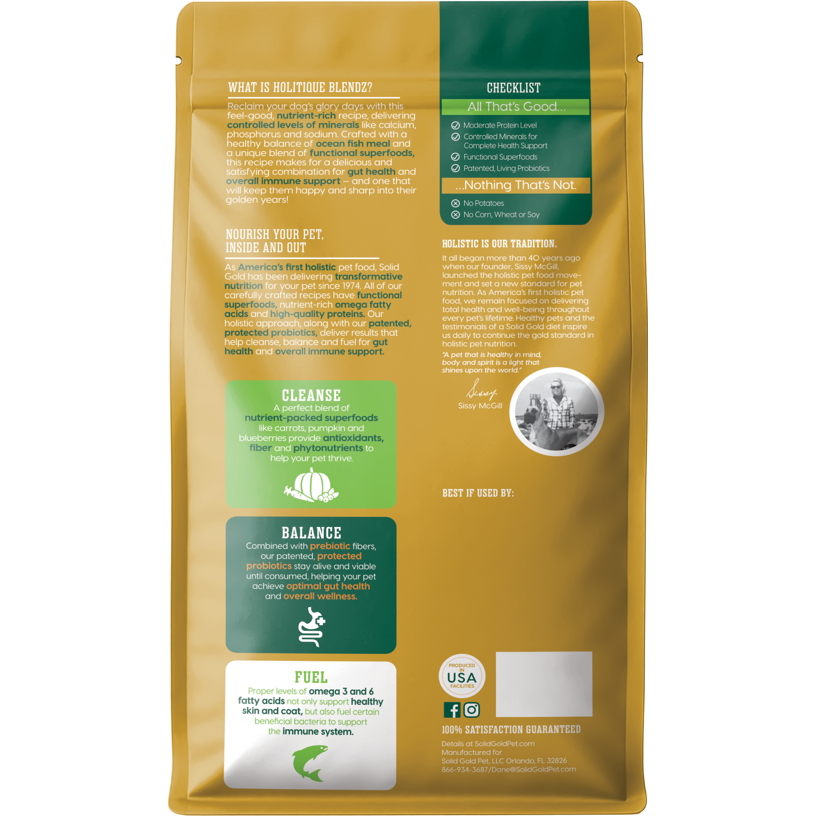 Gold and green dog food bag with product information, ingredient details, and brand messaging on front panel.