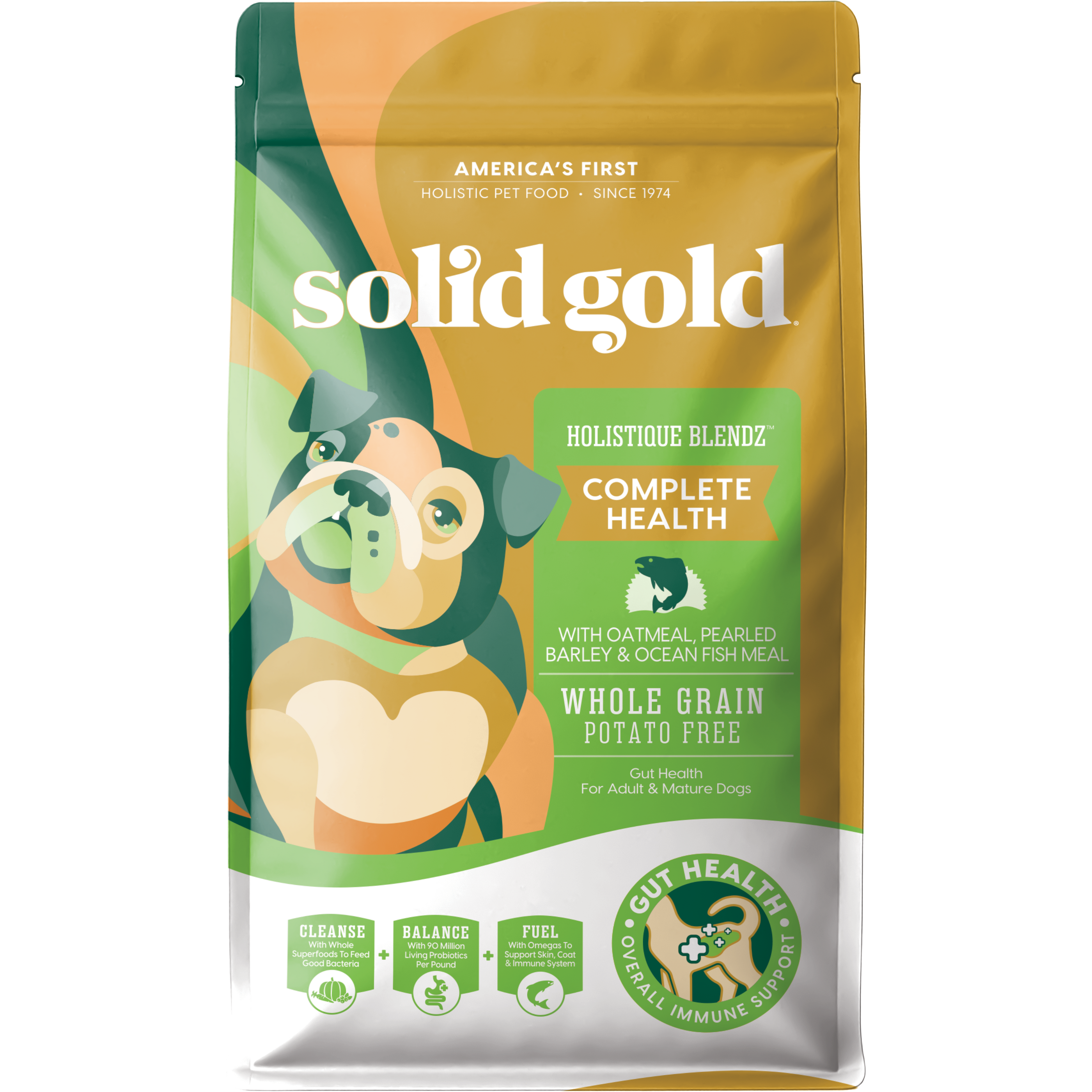 Gold Solid dog food bag with green and gold design, featuring illustrated dog and text about oatmeal and whole grain formula.