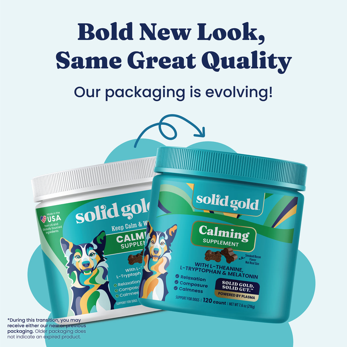 Two containers of Solid Gold Calming Supplement for dogs, featuring updated packaging designs.