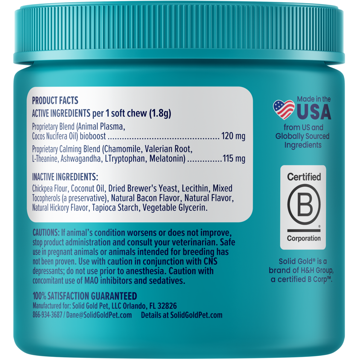 Container label listing active and inactive ingredients for calming bacon chews for dogs, including dosage information.