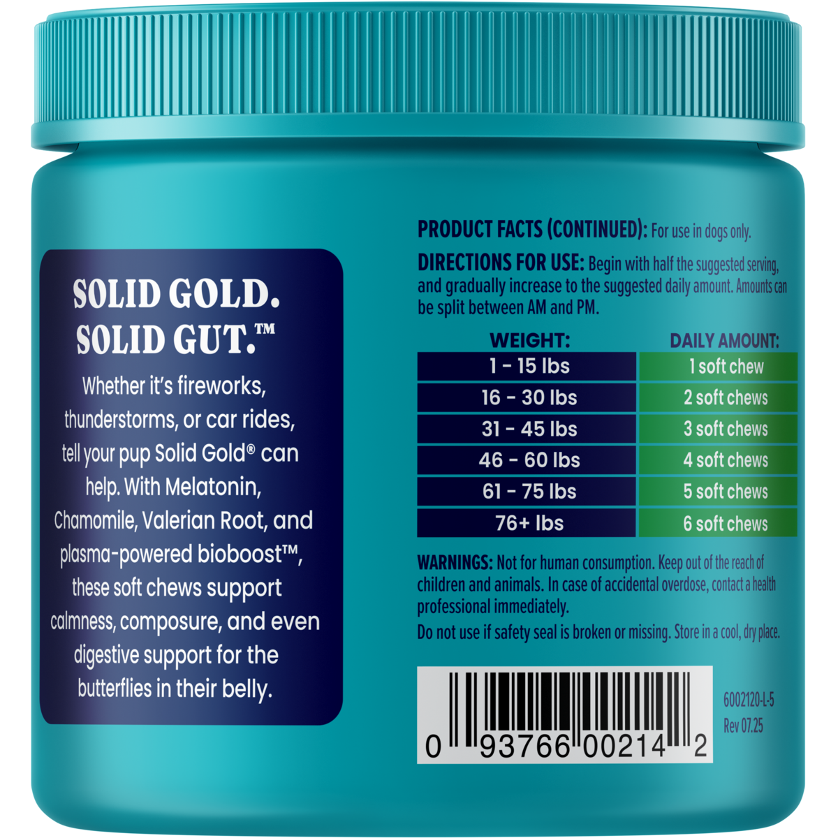 Container of calming bacon chews for dogs, featuring dosage instructions and ingredients listed on the label.