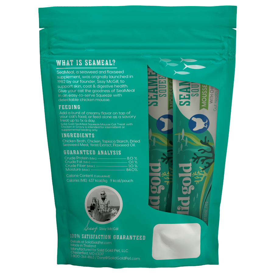 Pouch of SeaMeal™ Squeeze Chicken Flavor Mousse Treat for cats, featuring ingredient details and feeding instructions.