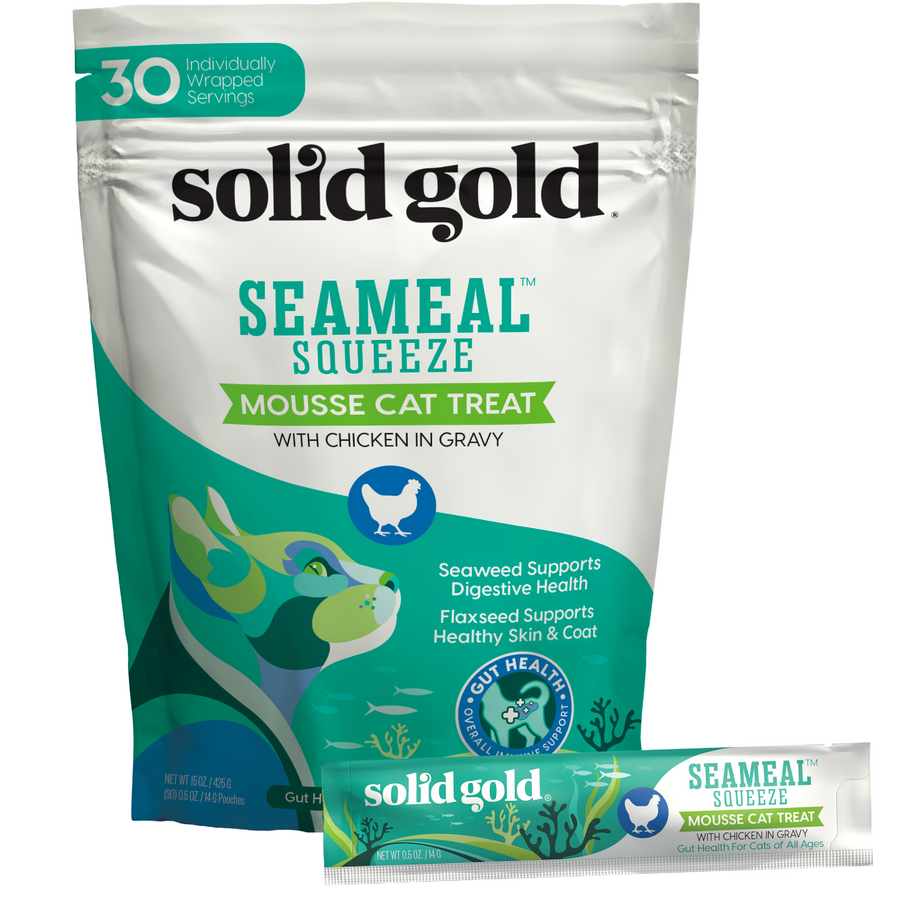 Pouch of SeaMeal Squeeze Chicken Flavor Mousse Treat for cats, featuring a smaller tube and nutritional information.