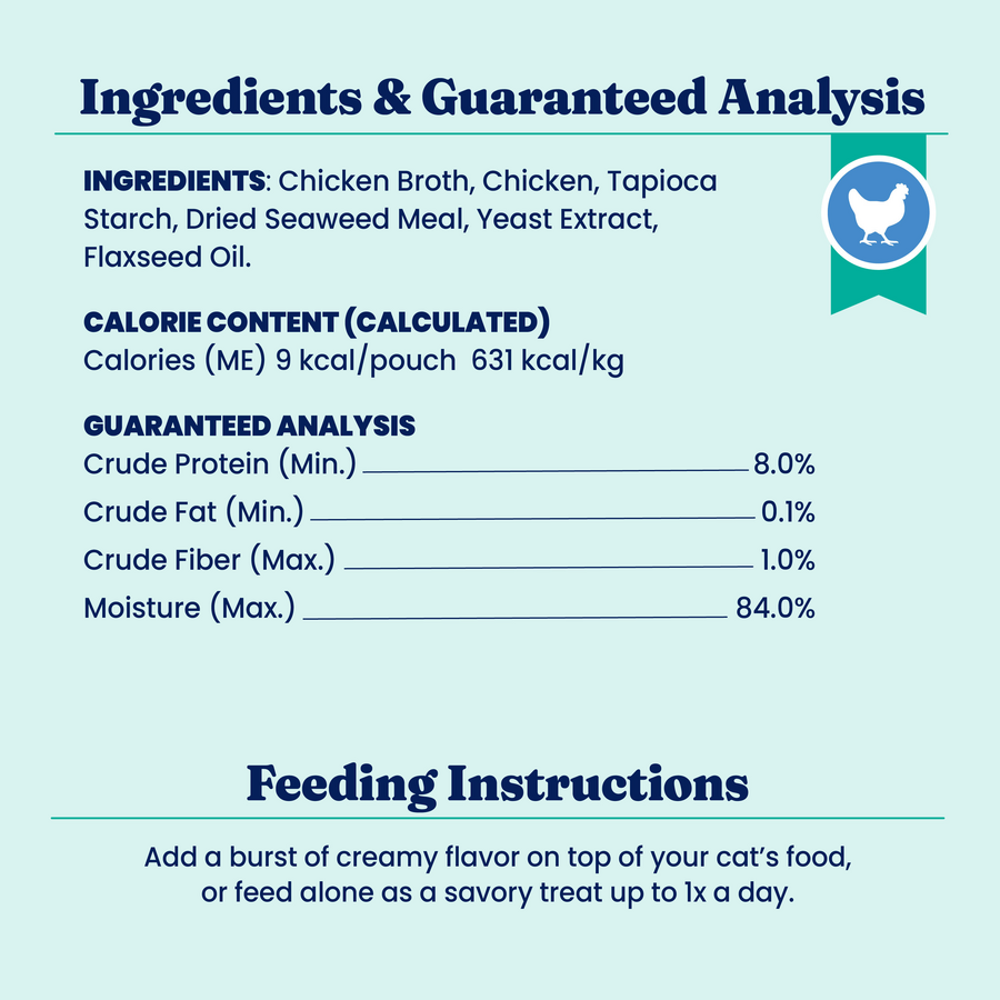 Ingredients and guaranteed analysis for SeaMeal™ Squeeze Chicken Flavor Mousse Treat for Cats, including feeding instructions