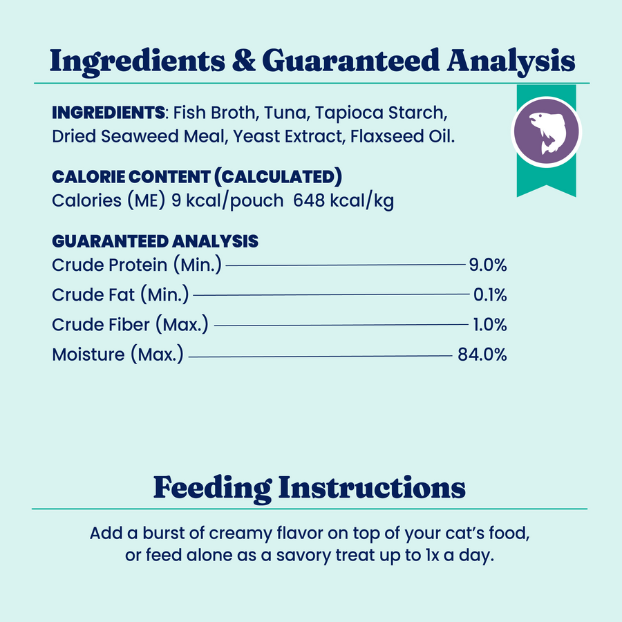 Ingredients and guaranteed analysis for SeaMeal™ Squeezeable Tuna Mousse Treat for Cats, including feeding instructions.