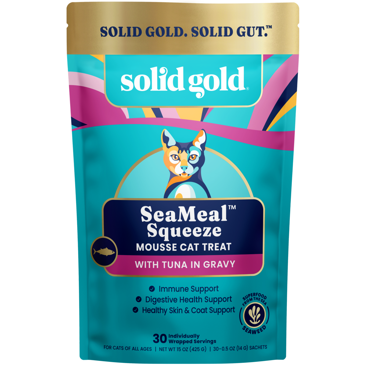 Pouch of SeaMeal™ Squeezeable Tuna Mousse Treat for Cats, featuring a cat illustration and nutritional claims.