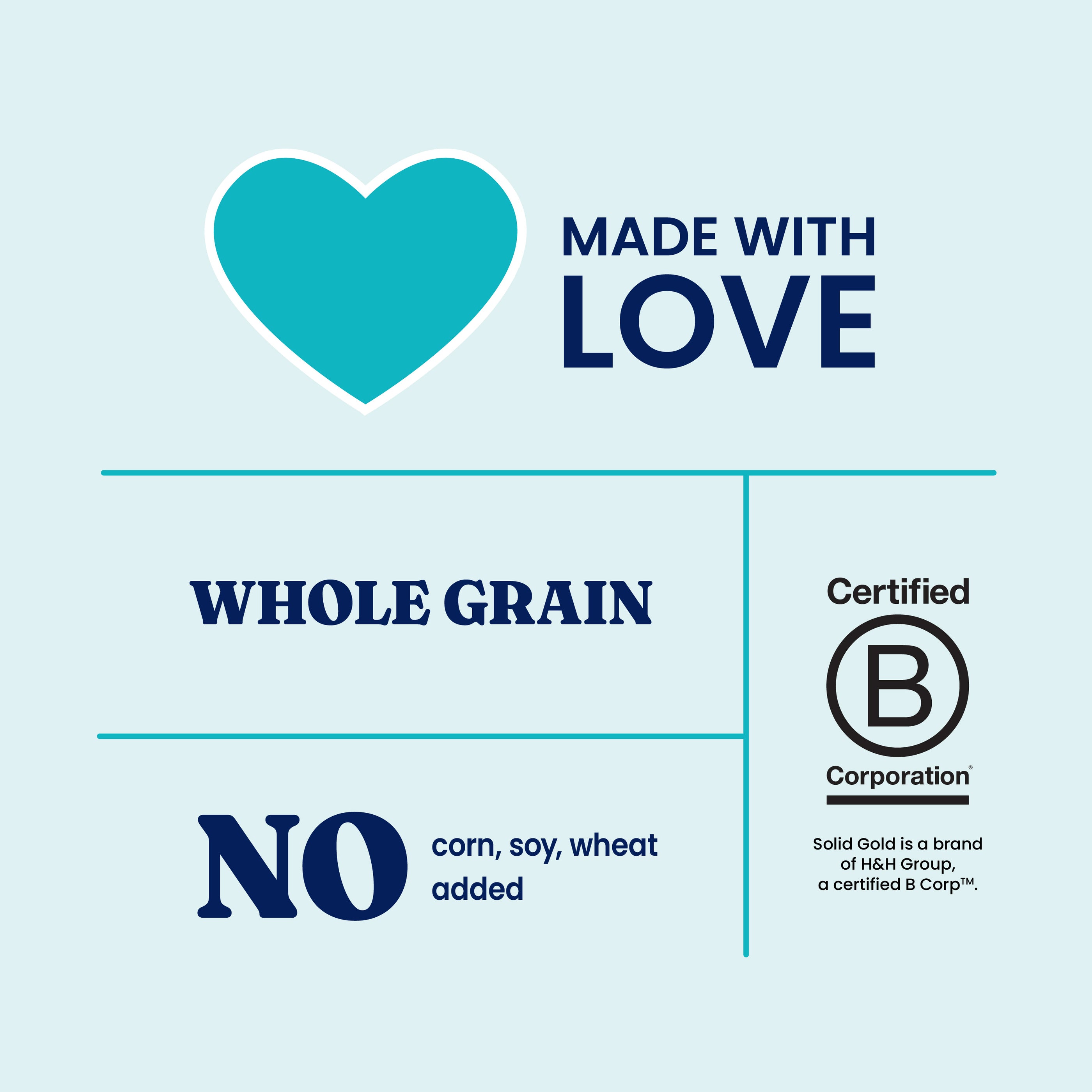 Label features a heart, text stating "Made with Love," "Whole Grain," and "No corn, soy, wheat added," with a certification l
