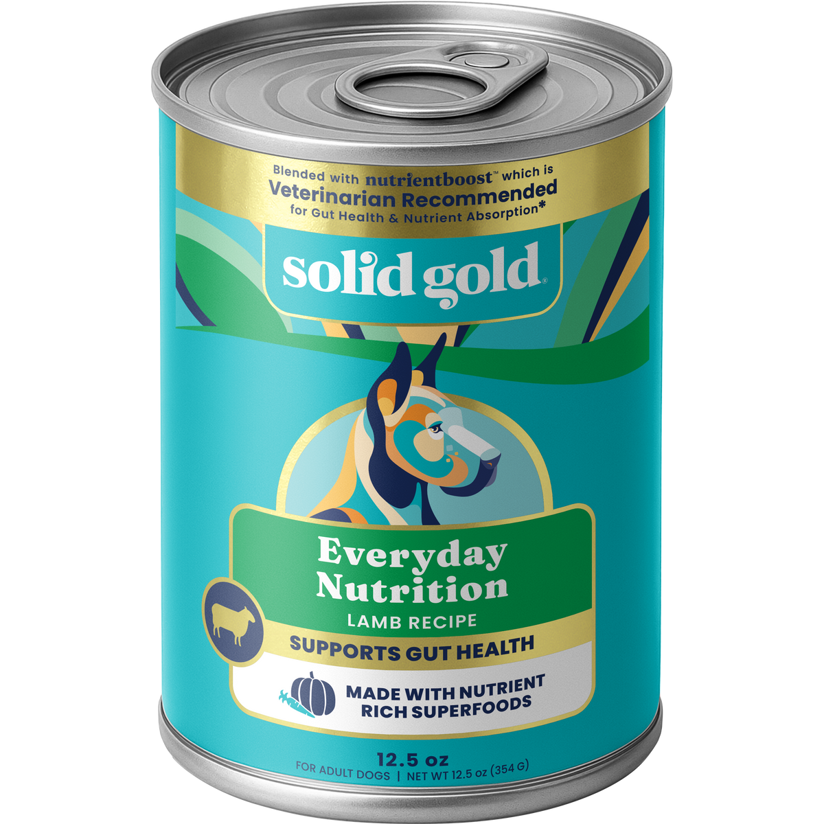 Canned dog food featuring a turquoise label with a dog graphic, labeled "Everyday Nutrition Lamb Recipe."